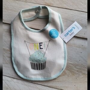 Carter's White and Blue Bib with Cupcake Design One Birthday